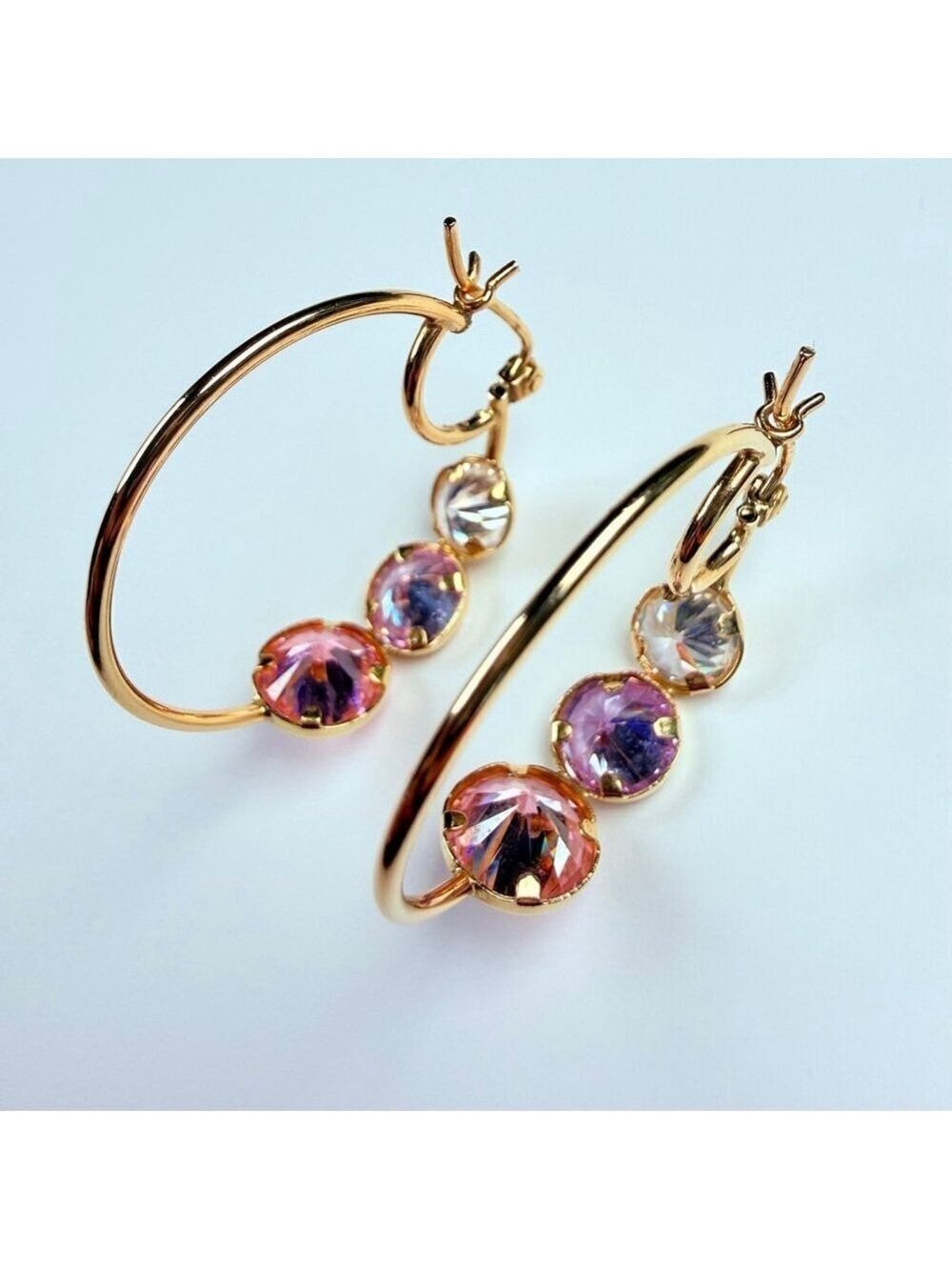 14K Solid Yellow Gold Rock Candy Gemstone Modern Hoop Earrings 28MM - Picture 7 of 13